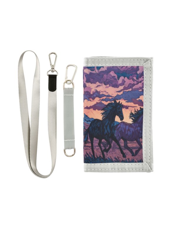 Cloth Wallet with Lanyard & Multiple Compartments Fashion Purse Zipper Clutch Bag for Cash Cards Coins Wild Horses Running