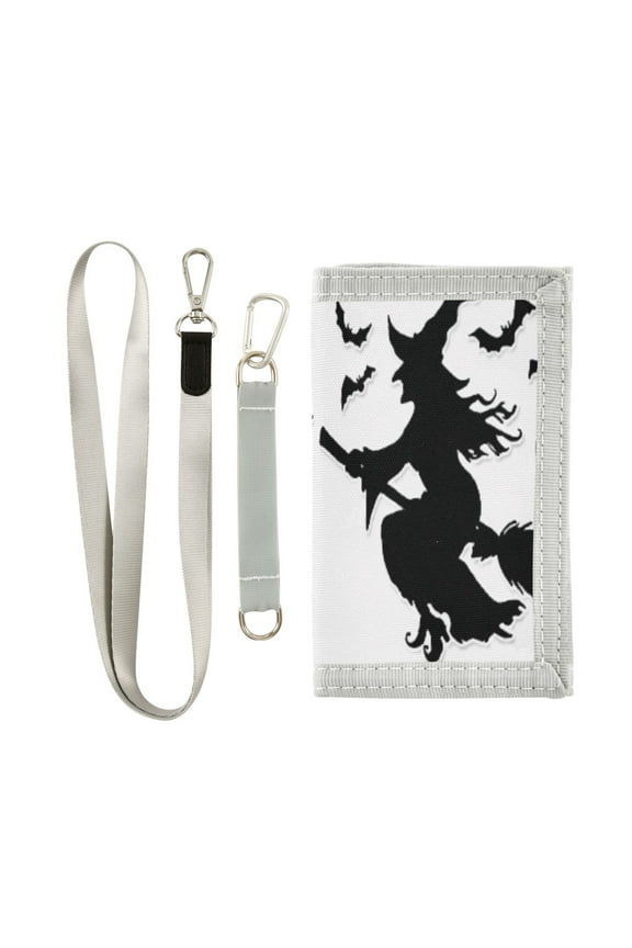 Cloth Wallet with Lanyard & Multiple Compartments Fashion Purse Zipper Clutch Bag for Cash Cards Coins Witch Silhouette