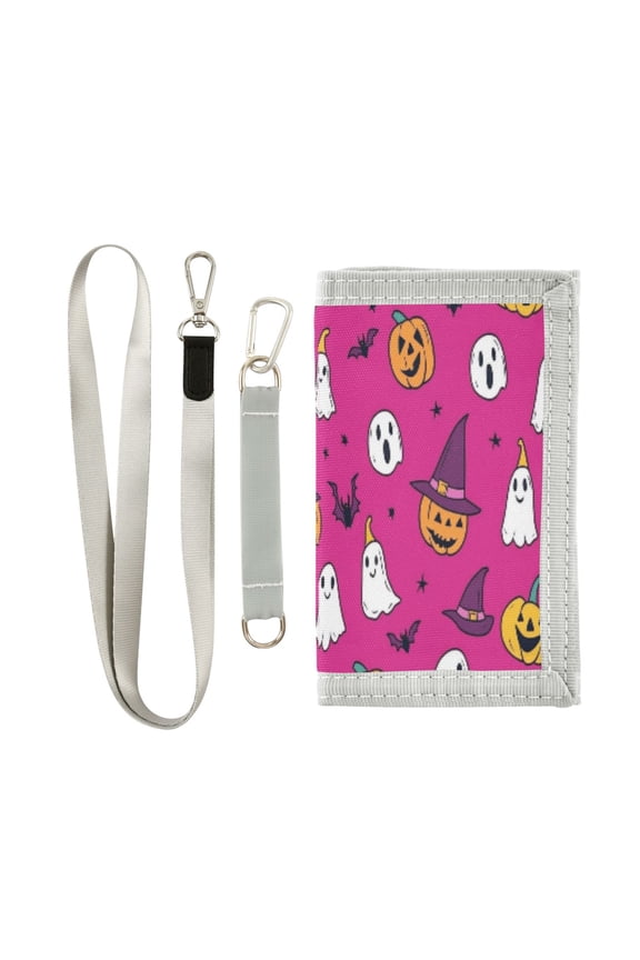 Cloth Wallet with Lanyard & Multiple Compartments Fashion Purse Zipper Clutch Bag for Cash Cards Coins Witches' Hats and Ghosts