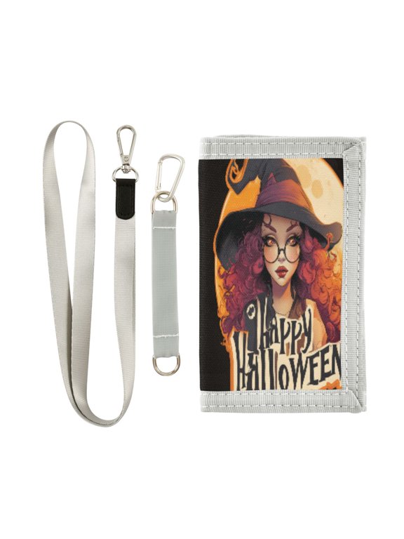 Cloth Wallet with Lanyard & Multiple Compartments Fashion Purse Zipper Clutch Bag for Cash Cards Coins Woman Wearing A Witch Hat