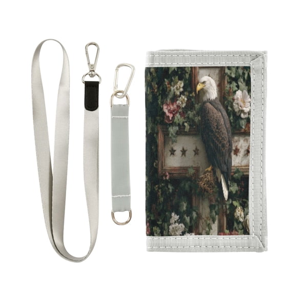 Cloth Wallet with Lanyard & Multiple Compartments Fashion Purse Zipper Clutch Bag for Cash Cards Coins Wreath and Bald Eagle
