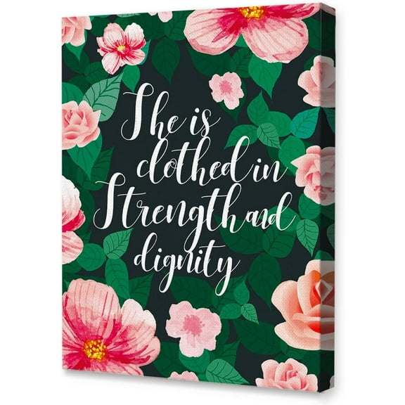 She is Clothed in Strength and Dignity Canvas Wall Art,Inspirational Flowers Canvas Painting Wall Decor for Girls Women Daughter Home Office Bedroom Dorm
