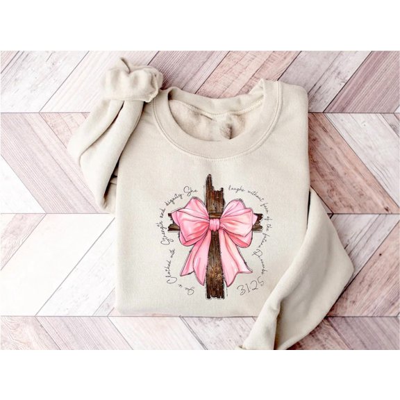 She Is Clothed In Strength and Dignity Sweatshirt, Cross Coquette Bow Sweatshirt, Bible Verse, Womens Christian Sweater, Positive Christian All Size S-5Xl