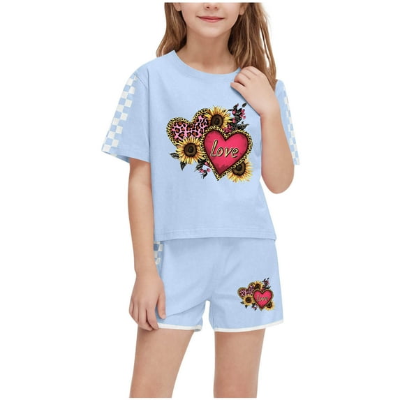 Clothes for Boys 10-12 Sets Girls Outfit Sets Fashion Boy and Girls' Casual Short Sleeve Round Neck Heart Shape Printed Shirts Drawstring Short Pants Sets(4-16 Years)