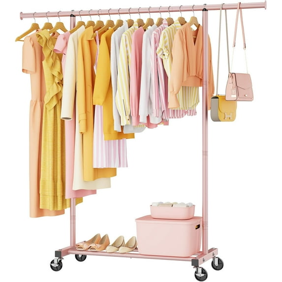 Clothes Clothing Garment Rack with Wheels,46.5" L Portable Rolling Clothing Racks for Hanging Clothes, Sturdy Closet Wardrobe Rack Clothes Storage Organizer Hanger for Coats, Shirts, Dress,Pink