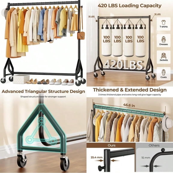 Clothes Clothing Rack Rolling Heavy Duty Clothes Rack Load 420 LBS With Wheels Metal Clothes Rack for Hanging Clothes Portable Standing Clothes Garment Rack Black 48 inches