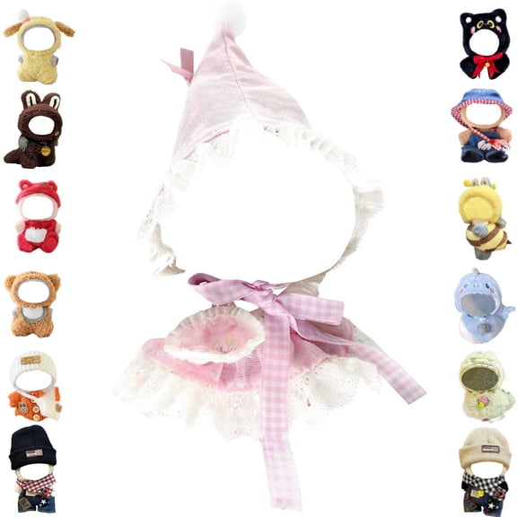 Clothes Compatible with 17cm Dolls, 3-Piece Set Dress and Hat Accessories (Pink)