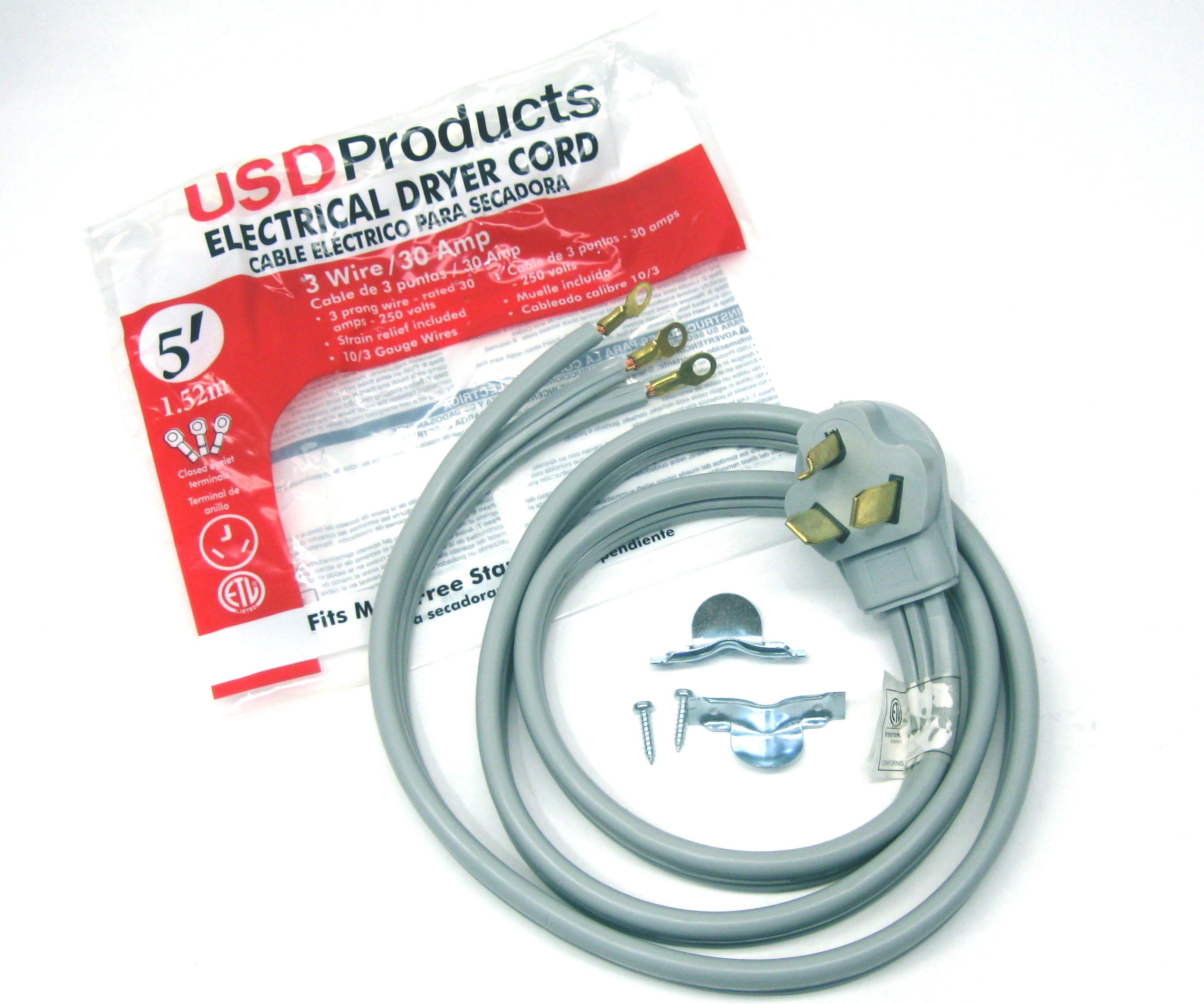 Clothes Dryer Power Cord 3 Prong Wire 30 Amp 5' Foot 10/3 Gauge Wire