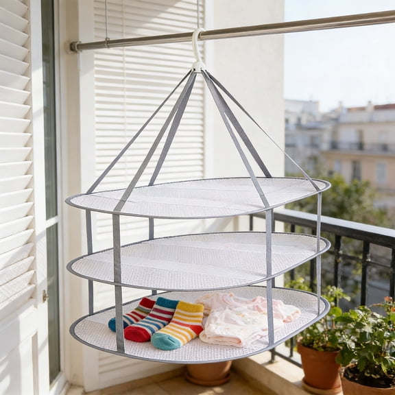 Clothes Drying Basket Mesh Hanging Rack for Sweaters and Delicate Laundry, Foldable Multi-Layer Windproof Design for Home and Balcony Storage