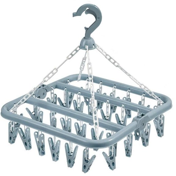 Clothes Drying Hanger,with 32 Clips and Drip Foldable Hanging Rack (Light Blue)