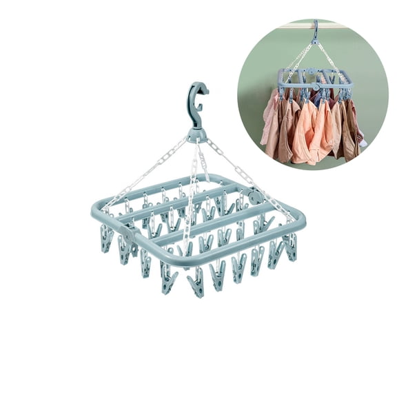 Clothes Drying Hanger with 32 Clips and Drip Foldable Hanging Rack (Light Blue)