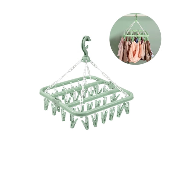 Clothes Drying Hanger with 32 Clips and Drip Foldable Hanging Rack (Light Greem)