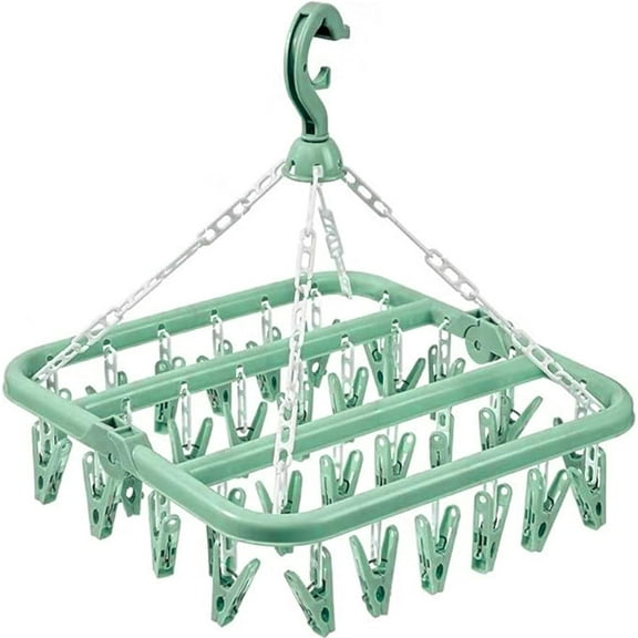 Clothes Drying Hanger with 32 Clips and Drip Foldable Hanging Rack (Light Green)