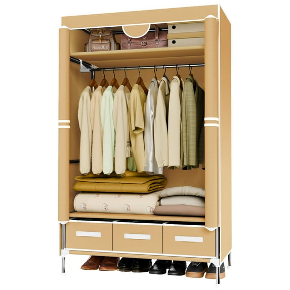 Non-Woven Fabric Closet Organizer for Coats and Bags, Portable Wardrobe Closet Includes 3 Storage Drawers for Home Bedroom, Sturdy & Easy to Assemble, Light Coffee
