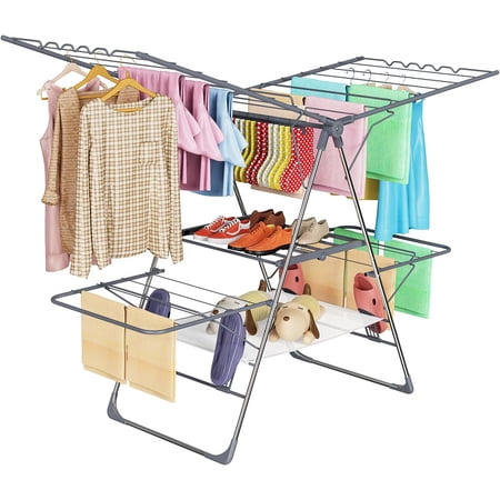 Clothes Drying Rack, 2-Level Laundry Racks for Drying Clothes Rack,Stainless Steel Drying Rack Clothing Collapsible for Indoor Outdoor,with Height-Adjustable Wings,33 Drying Rails,Gray