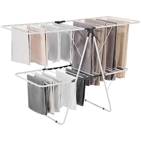 Clothes Drying Rack, 2-Tier Foldable Laundry Dryer Rack with Sock Clips & 31 Dry Rods, Metal Height Adjustable Drying Racks for Outdoor & Indoor, Free-Standing & Space-Saving Hanger, White