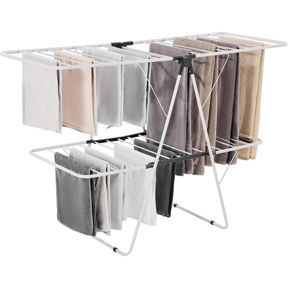 Clothes Drying Rack, 2-Tier Foldable Laundry Dryer Rack with Sock Clips & 31 Dry Rods, Metal Height Adjustable Drying Racks for Outdoor & Indoor, Free-Standing & Space-Saving Hanger, White