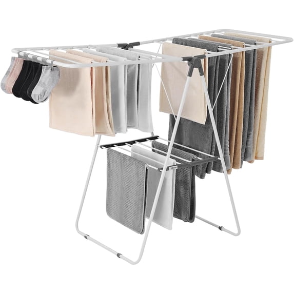 Clothes Drying Rack, 2-Tier Foldable Laundry Dryer Rack with Sock Clips & 21 Drying Rods, Metal Height Adjustable