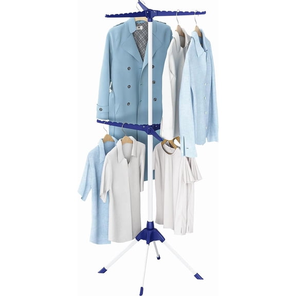 Clothes Drying Rack 2-Tier Folding Laundry Drying Rack, 57 Inch Collapsible Clothing Rack 4 Legs, 6 Arms for 48 Hangers, Portable Clothes Airer for Indoor Outdoor Beach RV Travel, Blue