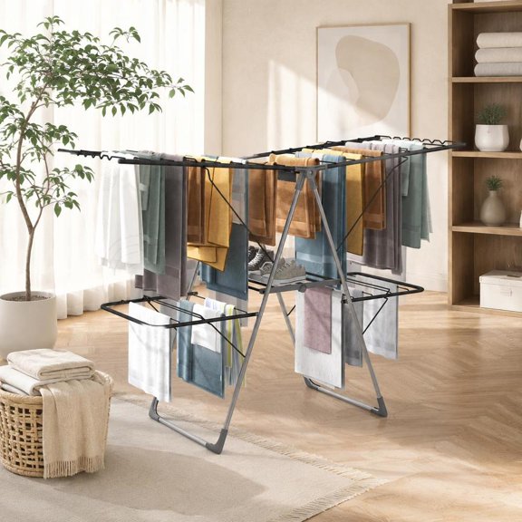 Clothes Drying Rack, 2-Tier with 33 Drying Rails, 5-Position Height Adjustment, Wave-Shaped Bars