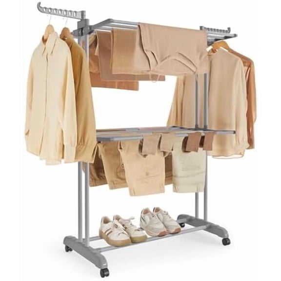 Clothes Drying Rack 3-Tier, Foldable Laundry Drying Rack 58.3-Inch Tall, Stainless Steel, Rolling Clothes Horses, Clothes Airer, Indoor Outdoor Use, Dove Gray ULLR702G01