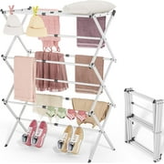 Foldable 2-Tier Aluminum Drying Rack – 24 Hooks & 16 Bars – Indoor/Outdoor Laundry Rack With Wheels