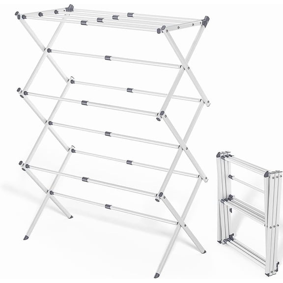 Kisportee 3 Tier Expandable Clothes Drying Rack, Foldable & Collapsible Steel Laundry Drying Racks, White