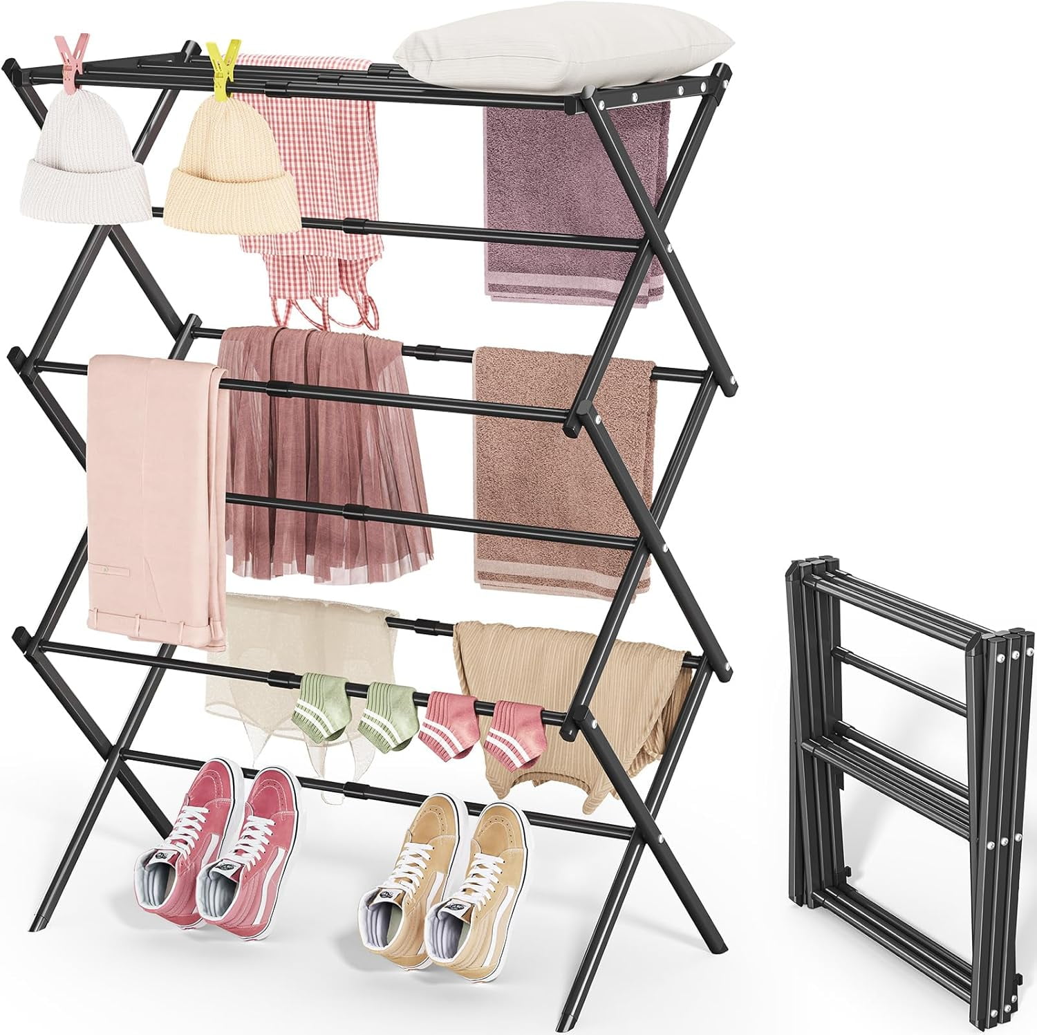 Clothes Drying Rack, 3Tier Laundry Drying Rack for Clothes, Expandable