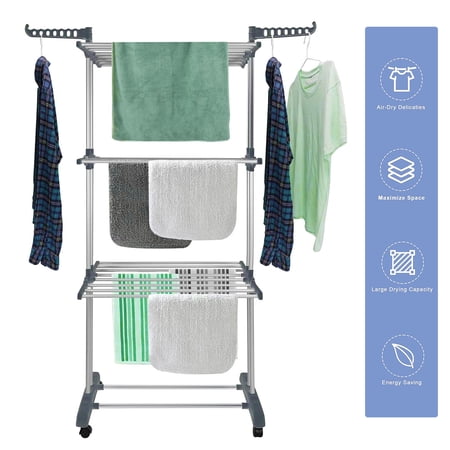 Clothes Drying Rack, 4-Tier Collapsible Rolling Dryer Adjustable Stainless Steel Laundry Drying Racks, Clothes Garment Hanger with Foldable Wings Indoor Outdoor, Gray