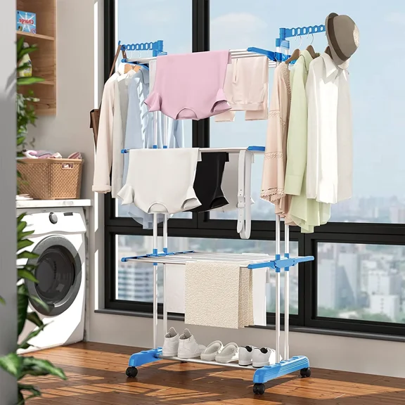 Clothes Drying Rack, 4-Tier Foldable Drying Rack for Clothes, Portable Laundry Rack with Wheels Indoor Outdoor Freestanding, Blue