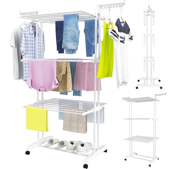 Clothes Drying Rack, 4-Tier Foldable Laundry Drying Rack, Stainless Steel Garment Clothes Dryer Indoor or Outdoor Standing Clothing Rack with Wheels, White