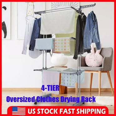 Clothes Drying Rack 4-Tier Foldable Laundry Drying Rack Stainless Steel Garment Clothes Dryer Indoor or Outdoor Standing Clothing Rack with Wheels