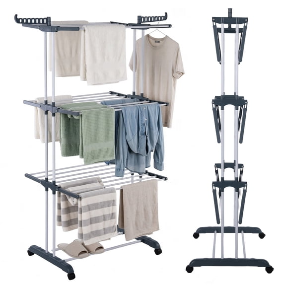 Clothes Drying Rack, 4-Tier Foldable Laundry Drying Rack, Stainless Steel Garment Clothes Dryer Indoor or Outdoor Standing Clothing Rack with Wheels