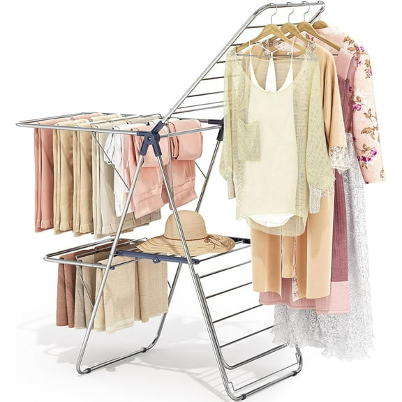 Clothes Drying Rack with 4 Wings, Stainless Steel Drying Rack Clothing with Height-Adjustable, Foldable Gullwings Laundry Drying Rack, Indoor Outdoor Use, No Assembly, Regular Blue