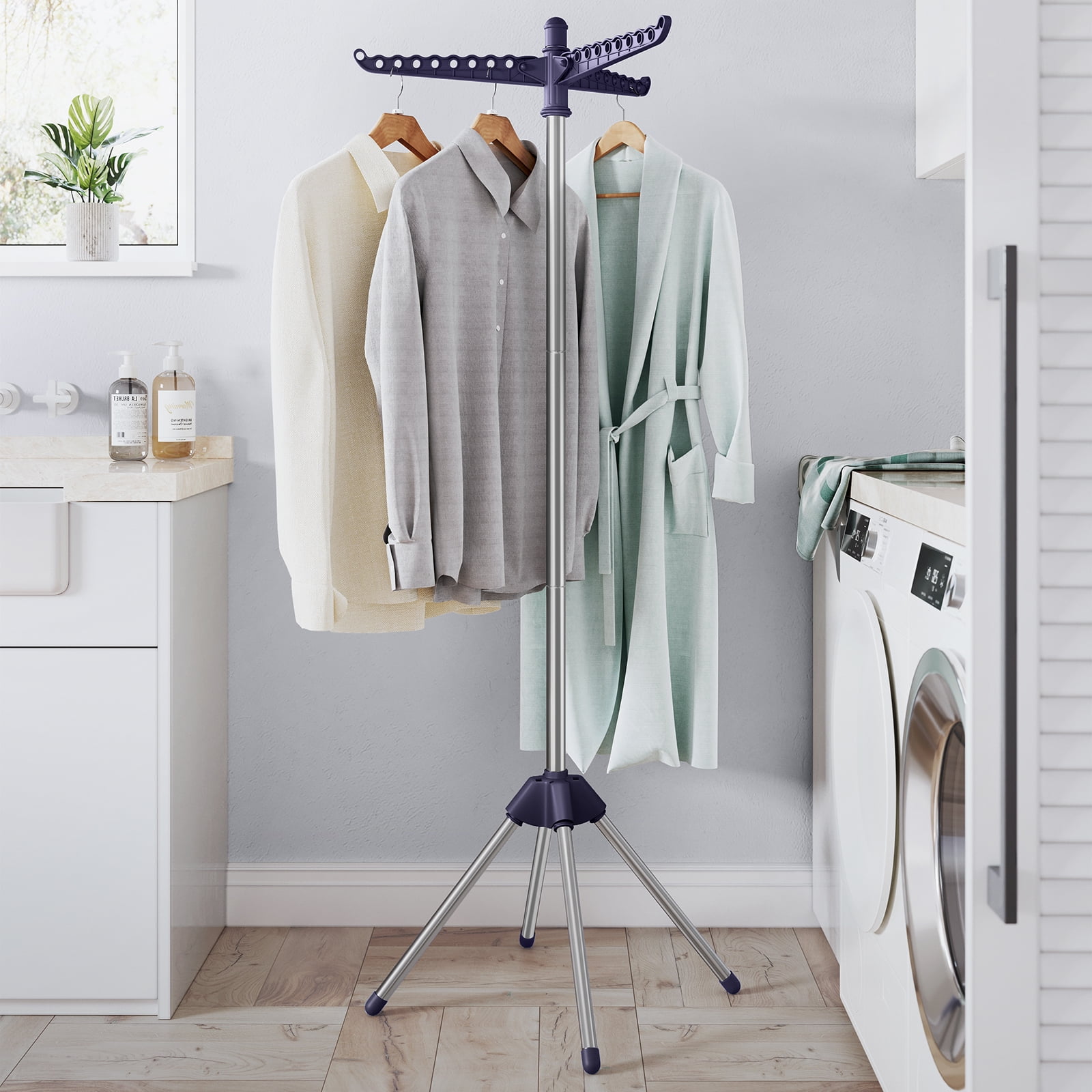 Foldable Blue and Silver Stainless Steel Drying Rack with 27 Clips