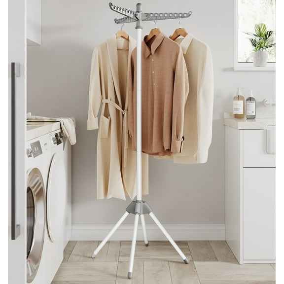 Clothes Drying Rack 59" Foldable Laundry Drying Rack with 27 Clips 3 Rotatable Arms 4 Legs Stainless Steel Gray and White