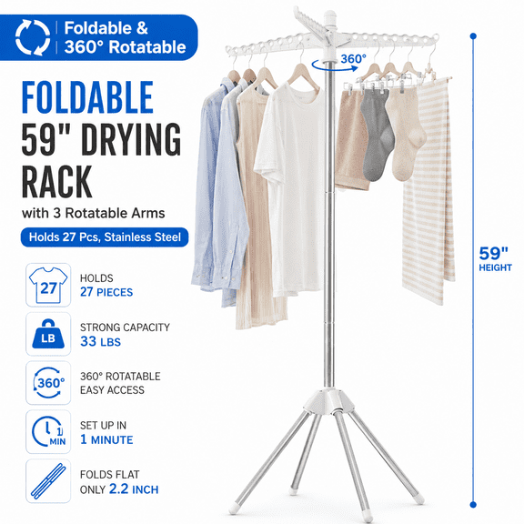 Stainless Steel Clothes Drying Rack, 59-Inch Folding Laundry Rack for 27 Pieces of Clothes, White and Silver