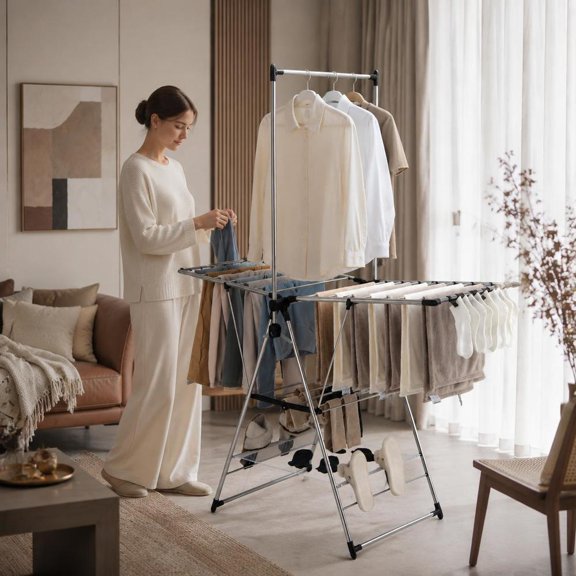 Clothes Drying Rack, 6-Level Adjustable, Stable Triangular Structure, Anti-Slip Foot Pads, Foldable Design