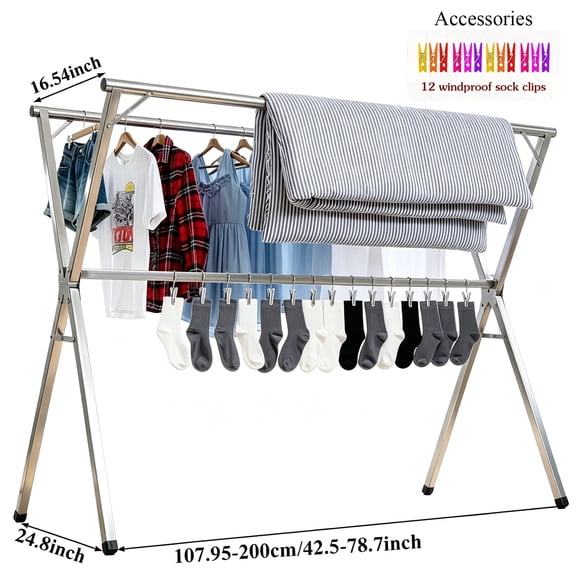 Clothes Drying Rack 63" And 79" Two Types, Retractable Length And Folding Outdoor Indoor Use Durable Metal Drying Rack, Drying Rack Clothing Collapsible, Foldable Laundry Drying Rack
