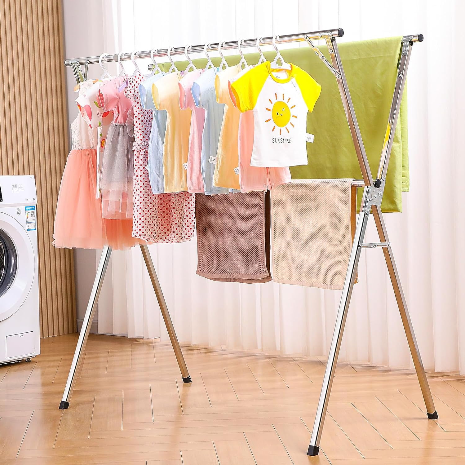 Clothes Drying Rack 79 Inches Adjustable Foldable Laundry Drying Rack Heavy Duty Stainless Steel Drying Rack Clothing with 20 Hooks 12 Clips