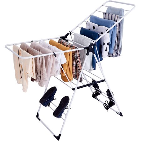 Clothes Drying Rack, Collapsible Laundry Rack with Hanging Rods, Shoe Hangers, Adjustable Gullwing and Foldable Design for Space-Saving, Stainless Steel Clothing Shelf