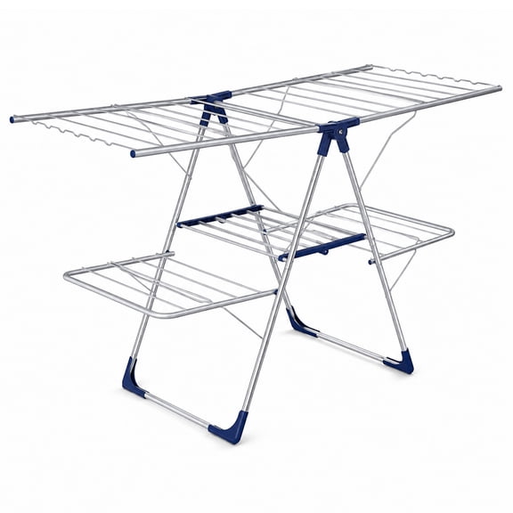 Clothes Drying Rack, Foldable 2-Level with 55.5" Adjustable Wings | Laundry Room, Bedroom, Indoor & Outdoor Use, Height Adjustable, Clothing & Bedding, 55.5" L 22.8" W, Silver and Blue