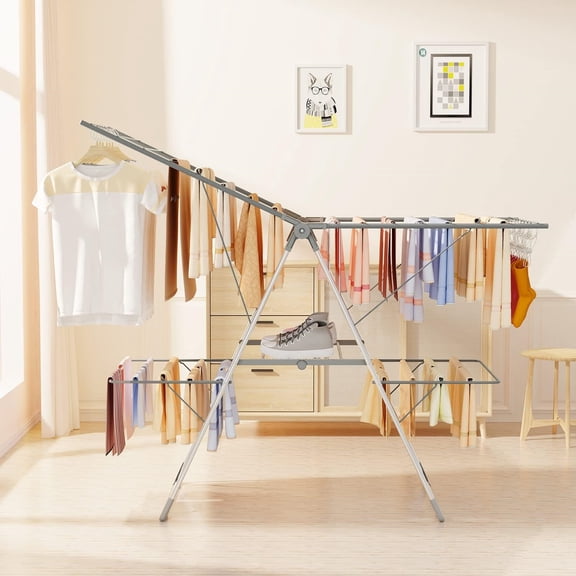 Clothes Drying Rack Foldable, 2-Level Large Laundry Drying Rack Collapsible, Stainless Steel Drying Rack Clothing for Indoor Outdoor, Easy to Fold, 33 Drying Rails, 142cm, Gray