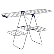Clothes Drying Rack, Foldable 2-Level Laundry Drying Rack, Free-Standing Laundry Airer, with Height-Adjustable Wings, 33 Drying Rails, Sock Clips, Silver and Blue