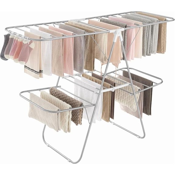 Clothes Drying Rack, Foldable 2-Level Laundry Drying Rack, Free-Standing Laundry Airer, with Height-Adjustable Wings, 33 Drying Rails, Sock Clips, Silve + White