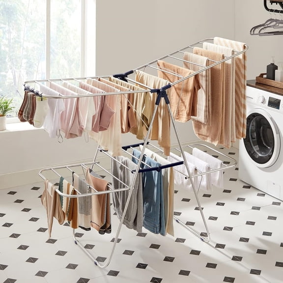 Clothes Drying Rack, Foldable 2-Level Laundry Drying Rack, Free-Standing Laundry Airer, with Height-Adjustable Wings, 33 Drying Rails, Sock Clips, Silver and Blue