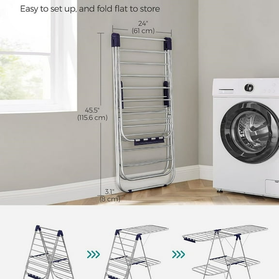 Clothes Drying Rack, Foldable 2-Level Laundry Drying Rack, Free-Standing Laundry Airer, with Height-Adjustable Wings, 33 Drying Rails, Sock Clips, Silver and Blue
