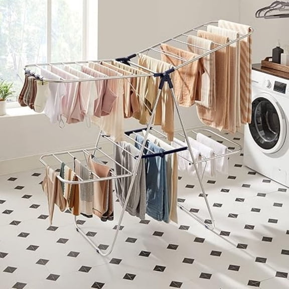 Clothes Drying Rack, Foldable 2-Level Laundry Drying Rack, Free-Standing Laundry Airer, with Height-Adjustable Wings, 33 Drying Rails, Sock Clips, Silver and Blue