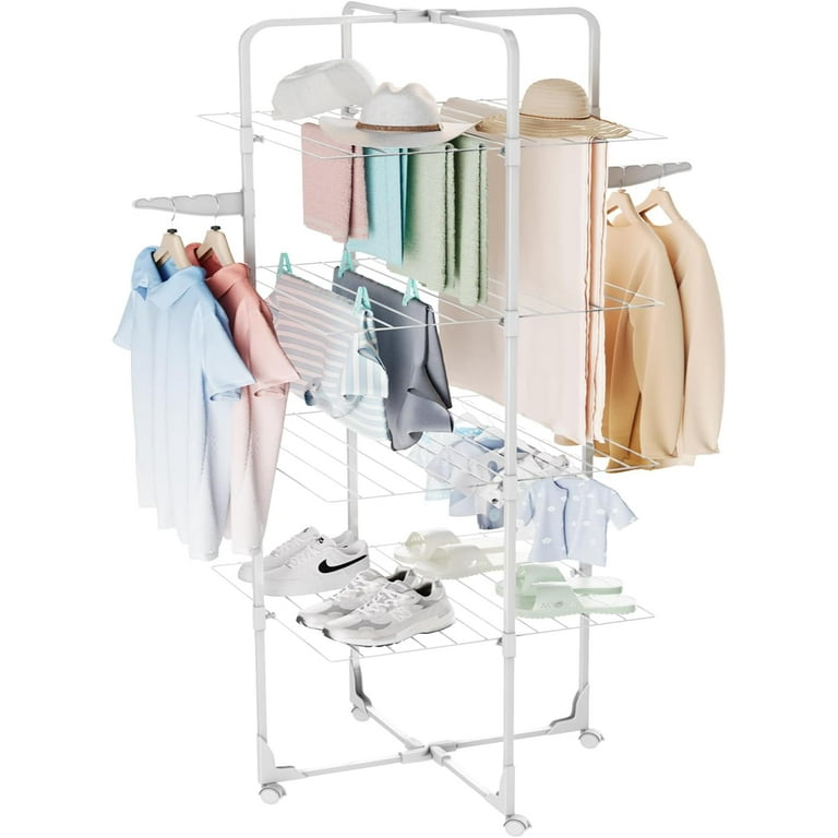 Clothes Drying Rack Foldable 4 Tier 48 Rods Plenty of Space Laundry Drying Rack Indoor Outdoor Movable Tower Clothing Airer Easy to Use Space Saving White Walmart