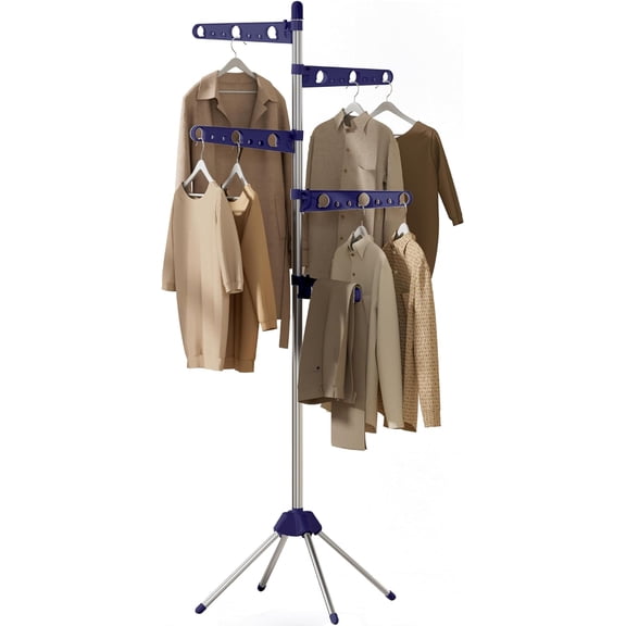 Clothes Drying Rack Foldable, 70.9 inch Tripod Drying Rack for 35 Pieces of Clothes, with Height-Adjustable Rotatable Clothes Rails, Space Saving, Stainless Steel, Blue and Silver CDR005Q01